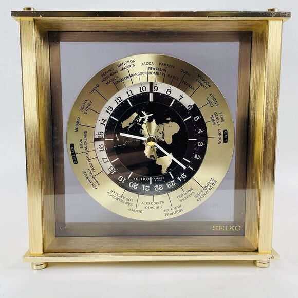 Vintage Seiko Quartz World Time Zone Clock With Airplane Second Hand Desk Mantle - Picture 1 of 16